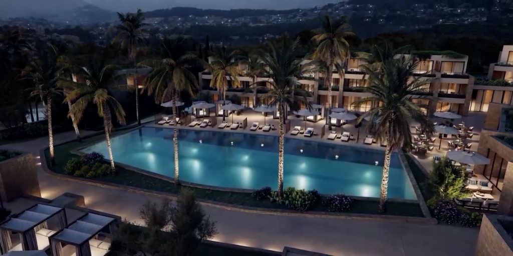 Render de finca con nuevas residencias de lujo y fondo real tomado con fotografía de dron en Alicante